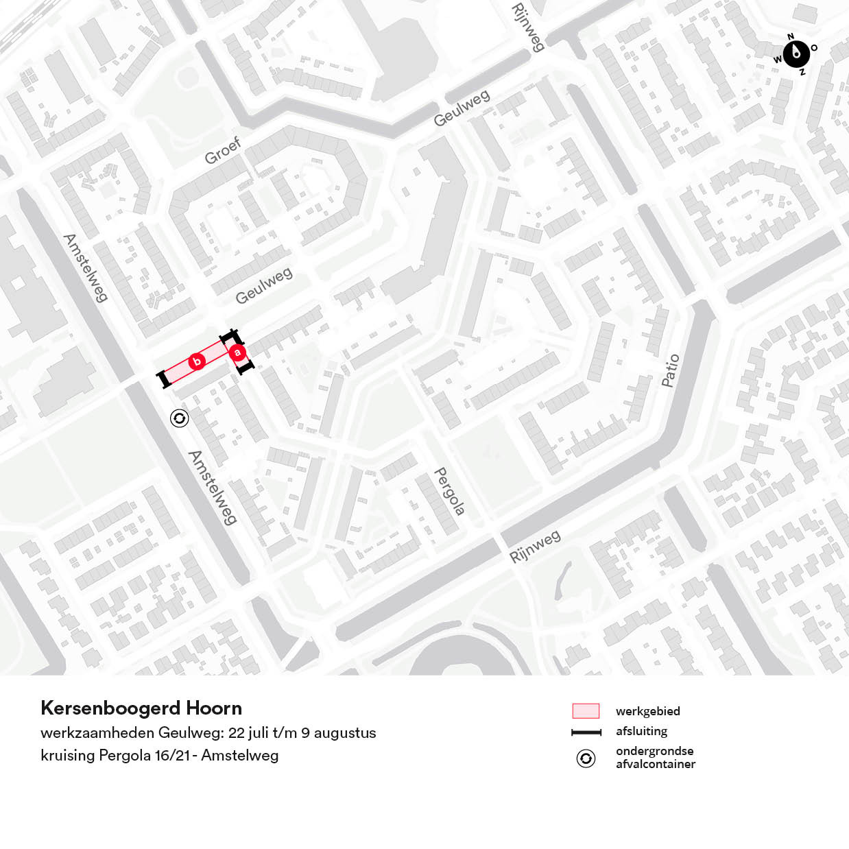 Plattegrond werkgebied Geulweg vanaf kruising Pergola 16/21 tot Amstelweg