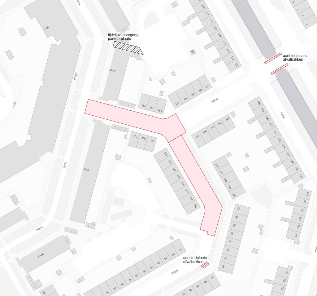 Plattegrond werkgebied Patio 87 t/m 90, 146 t/m 158 en 159 t/m 164 Hoorn