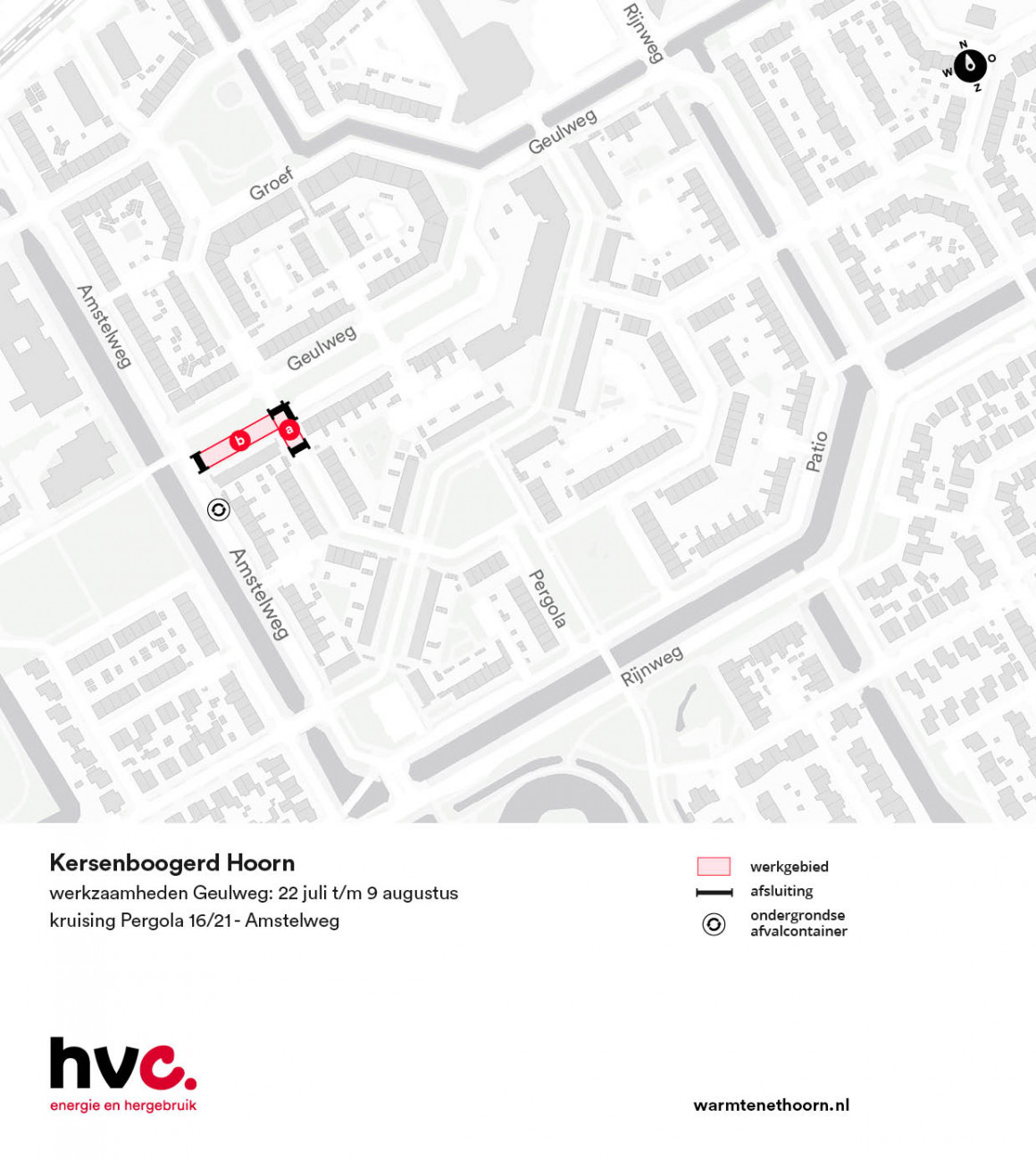 Plattegrond werkgebied Geulweg vanaf kruising Pergola 16/21 tot Amstelweg